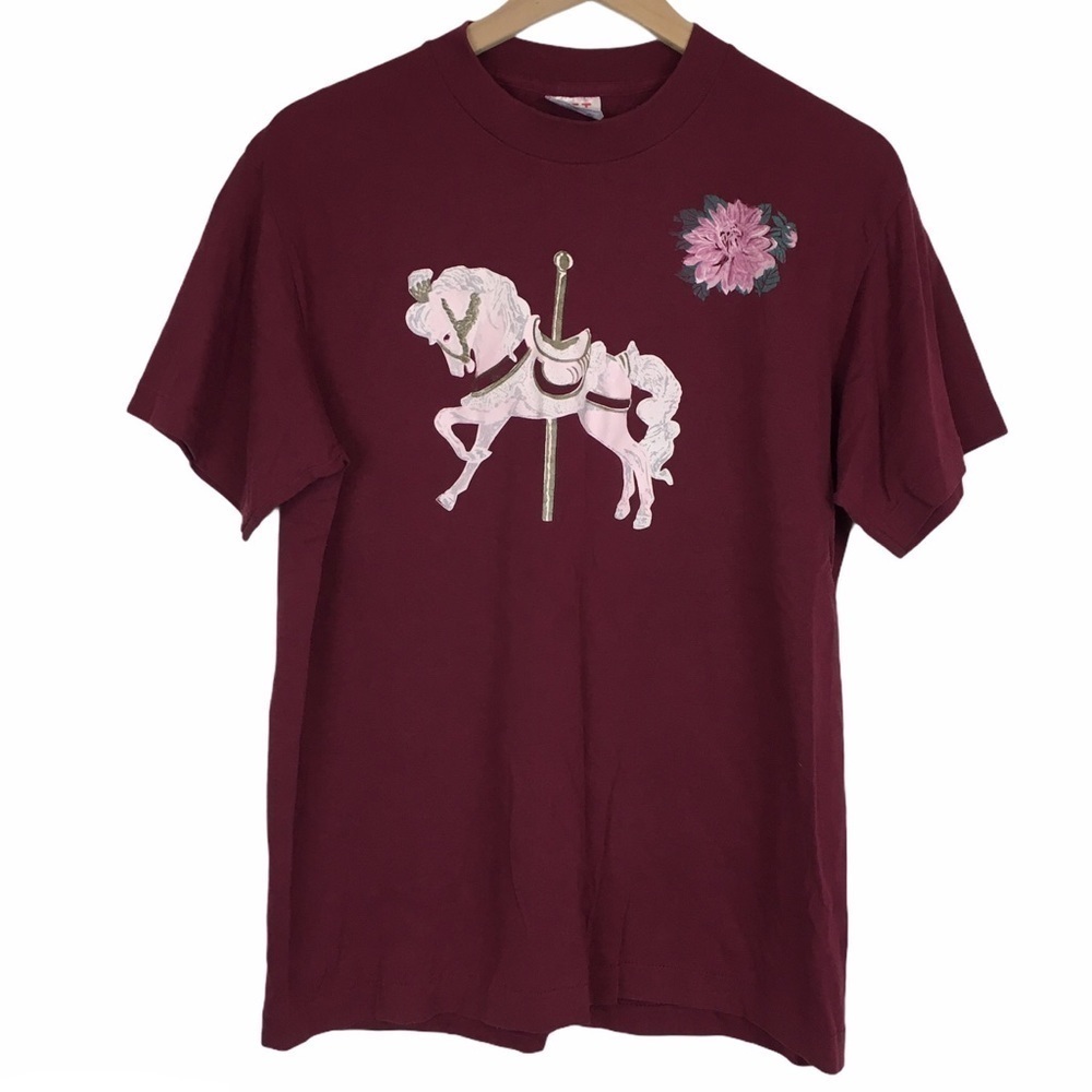 VINTAGE Hand-Painted T Shirt Carousel Horse Graphic Single Stitch Retro Large